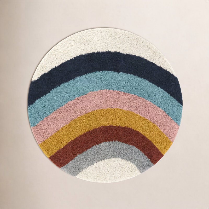 Olanda Rainbow Shag Area Rug, Round 5'3", Cream Rainbow
