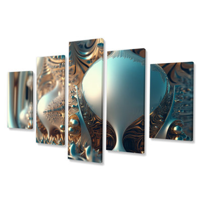 Fractal Turquoise Pastel Cosmic Architecture - Fractals Canvas Wall Art - 5 Panels