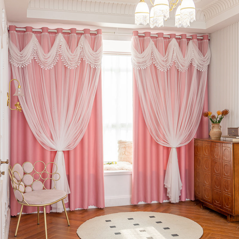 Rideaux occultants à double couche en gaze romantique, légers et luxueux, de style européen, pour chambre, salon et balcon. Tête de rideau en dentelle intégrée.