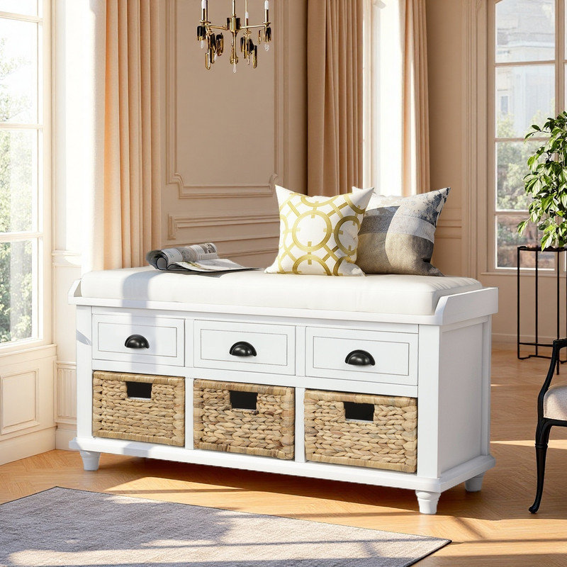 Banc de rangement rembourré avec 3 paniers en rotin, Blanc