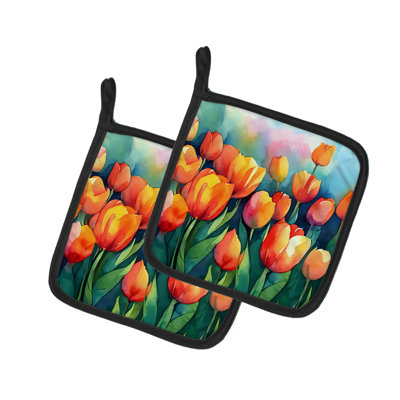Tulipes dans une paire d'aquarelles porte-casseroles