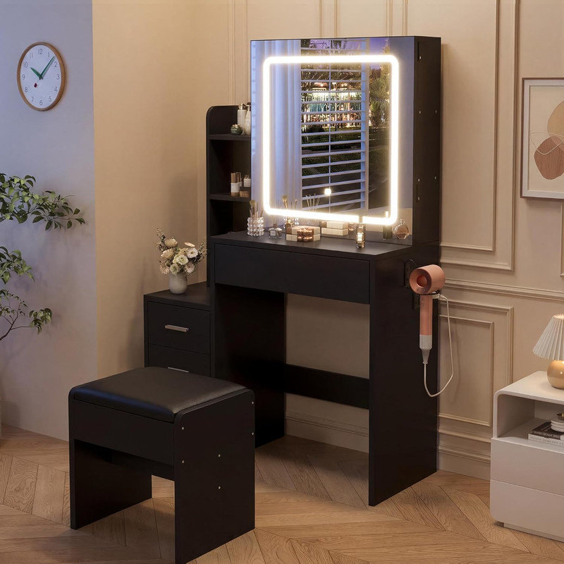 Vanity Desk with Sliding LED Mirror & Stool, Makeup Table with 4 Drawers & Open Shelves, Charging Station for Bedroom, Bathroom