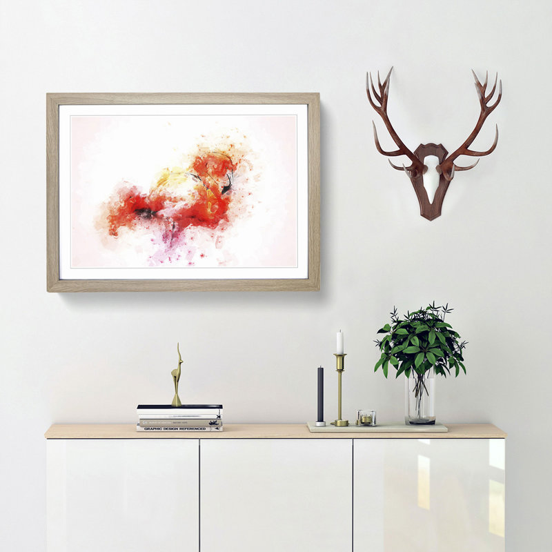 Lone Pink Flamingo in Abstract - Picture Frame Painting Print, 27cm H x 36cm W x 2cm D, Oak Framed