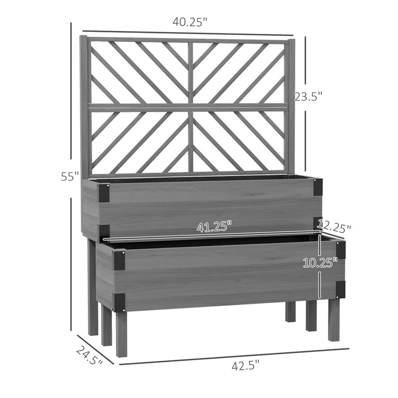 Jardinière en treillis à 2 niveaux, jardin surélevé en bois, gris, Gris