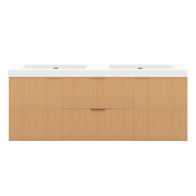 Meuble-lavabo 59,3 po avec lavabo, meuble-lavabo mural avec lavabo double en résine et portes à fermeture douce, tiroirs divisés