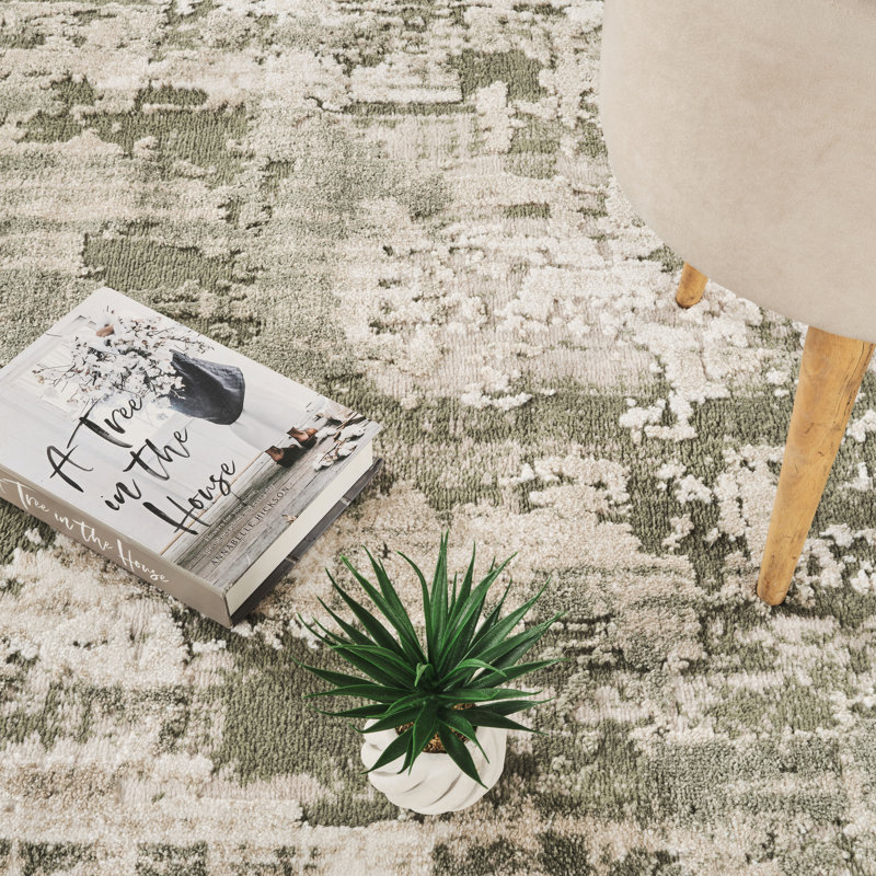 Andrew Green & Beige Abstract High-Low Modern Rug, 4'3" x 6'0", Green/Beige