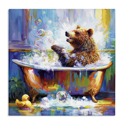 Happy Bear in Bathtub Canvas Wall Art by Leon Devenice