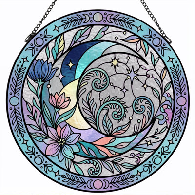Moon Floral Stained Glass Window Panel，7.8H