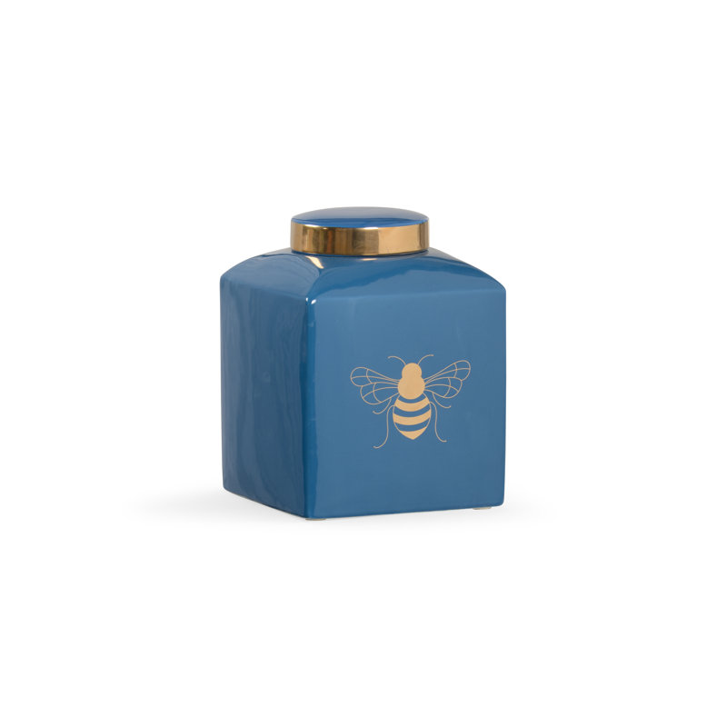 Ceramic Jar, Blue/Gold, 9.5" H x 7" W x 7" D