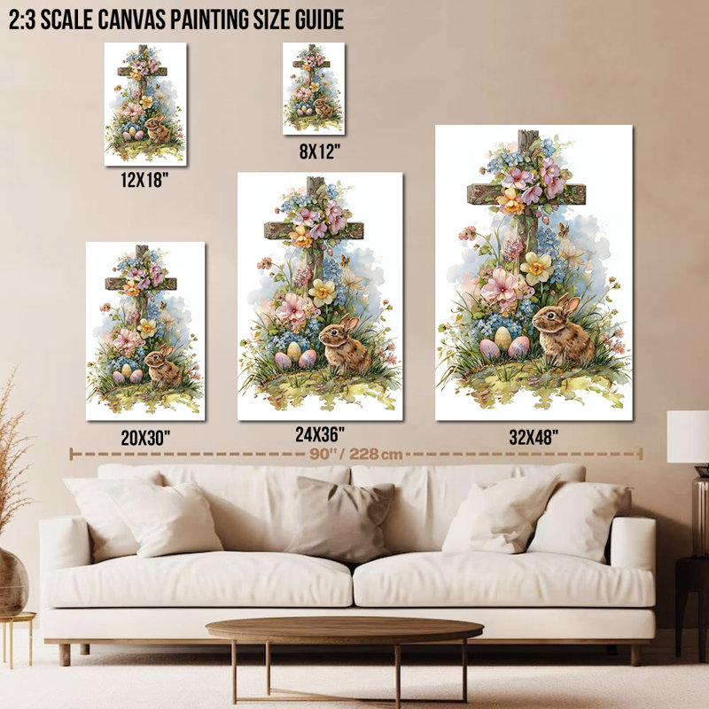 Art mural de Pâques par Timuba - toile murale de lapin, images de printemps décoratives pour le salon, œuvre d'art de la croix chrétienne avec lapin et œufs pour Pâques - impression sur toile tendue, 18 po x 24 po