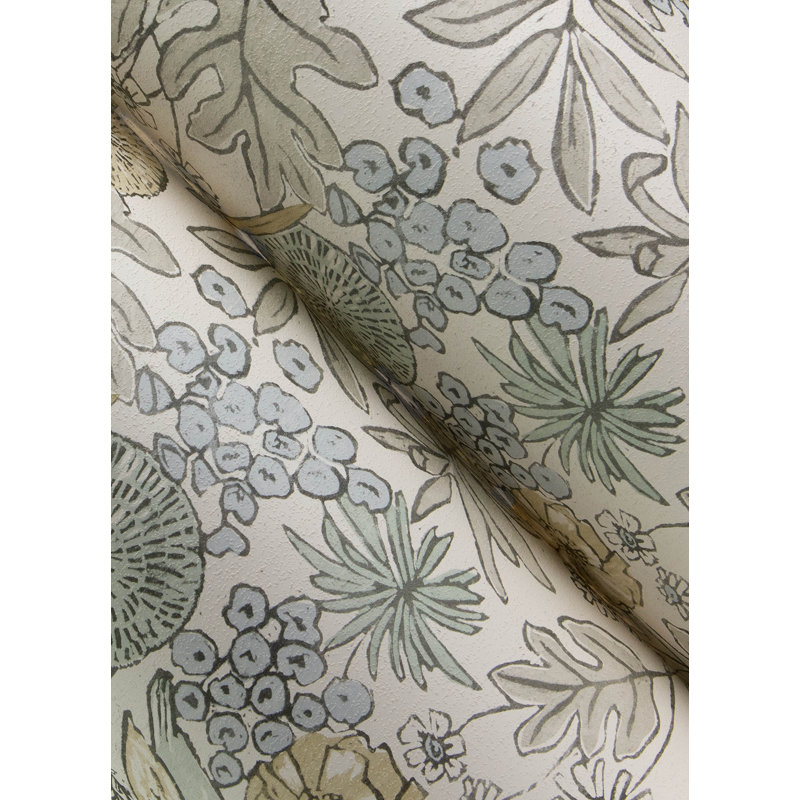 Papier peint chardonneret turquoise oiseaux et fleurs, Beige clair