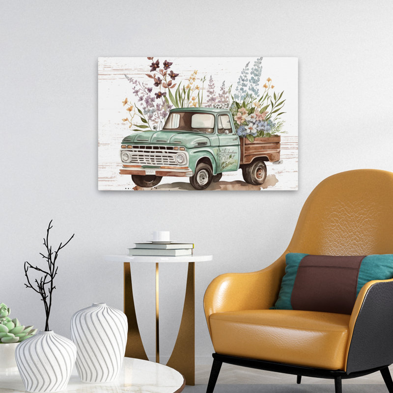 Art rétro, camion de fleurs rétro II, H 16 po x l 24 po