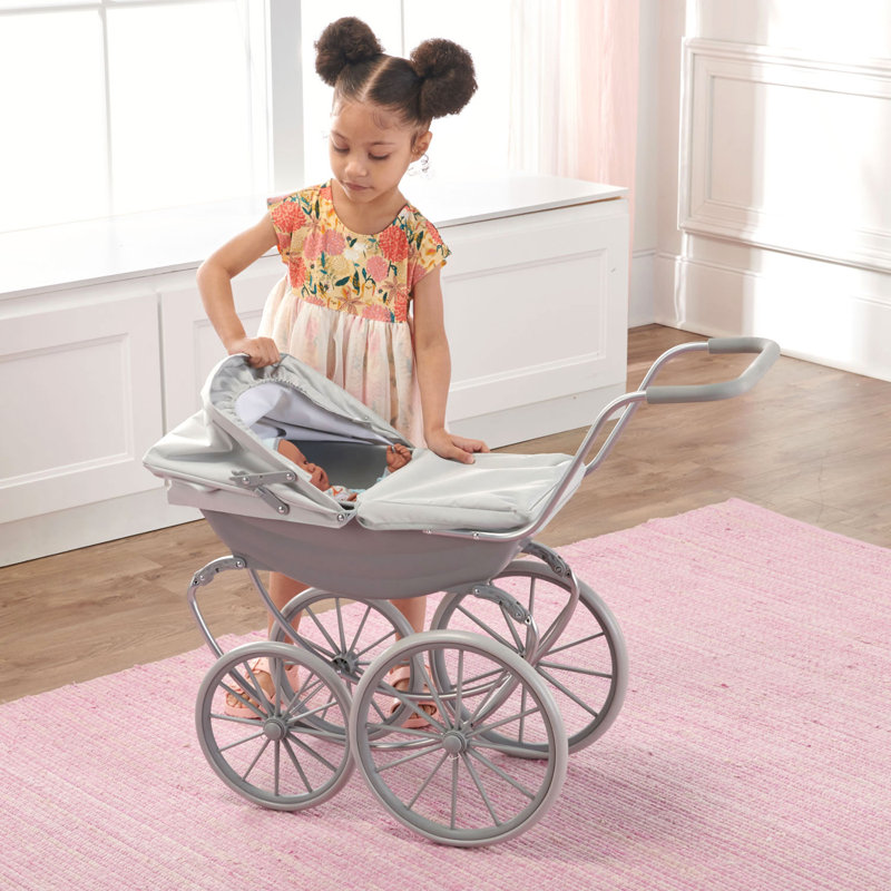 Executive Gray and White Metal Doll Pram with Canopy