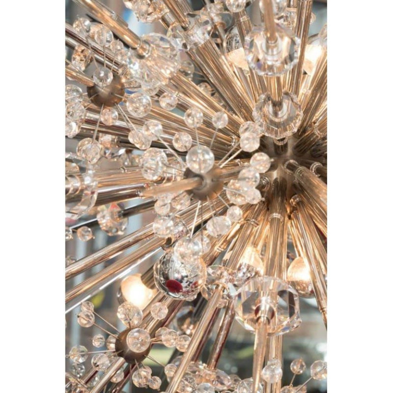 Lustre sphère en acier à 12 lumières, Laiton, Topaze, 78" Wide x 46" Depth x 46" Height