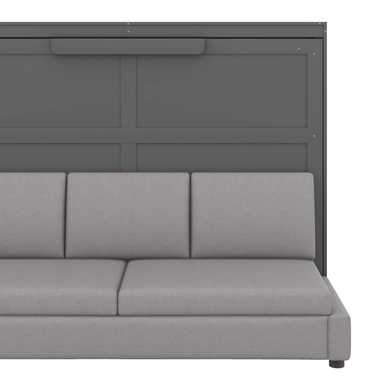 Lit escamotable mural avec bibliothèque intégrée USB et éclairage, Gris, Lit double