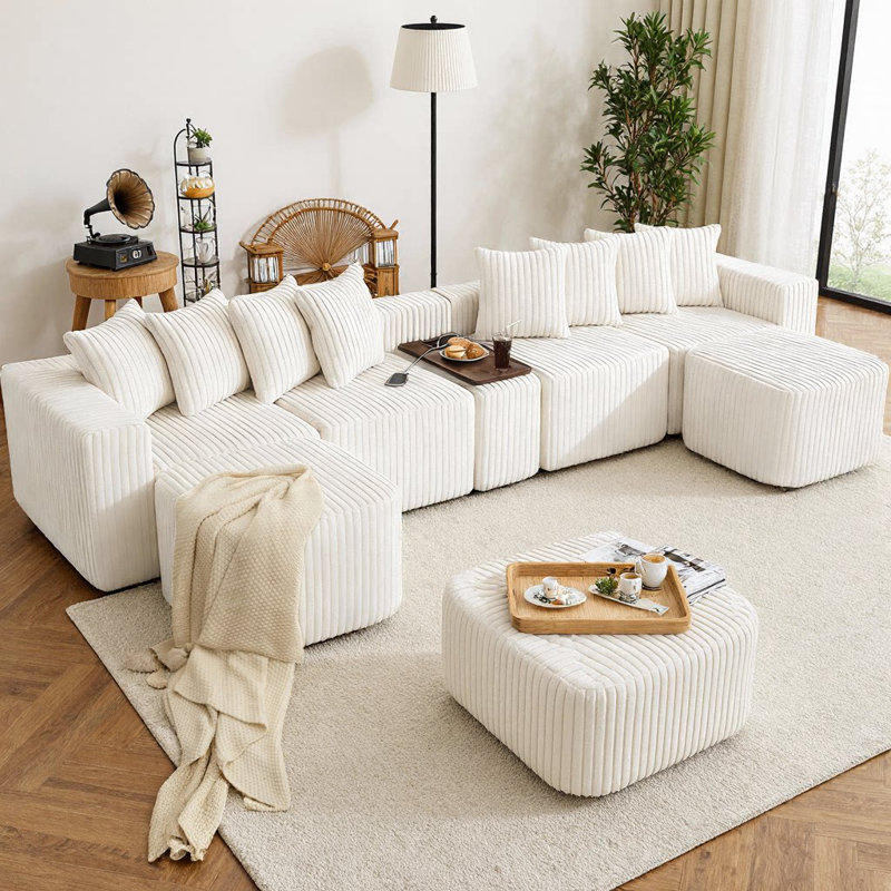 Canapé modulaire en forme de U 137,5 po en velours côtelé avec charge sans fil et USB, console de table basse avec porte-gobelets, canapé modulaire mobile 8-en-1, sans assemblage, 6 places avec repose-pieds