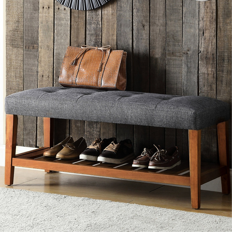 Banc en chêne et en tissu gris avec rangement ouvert, coussin rembourré, tablette à lattes, 8 po, tablette de 40 po x 16 po, avec siège à boutons, dimensions