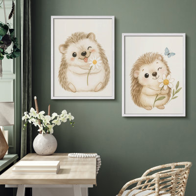 Cute Hedgehog Framed Wall Art Set of 2 - Adorable Animal Holding Flower Prints for Nursery or Kids' Room Decor