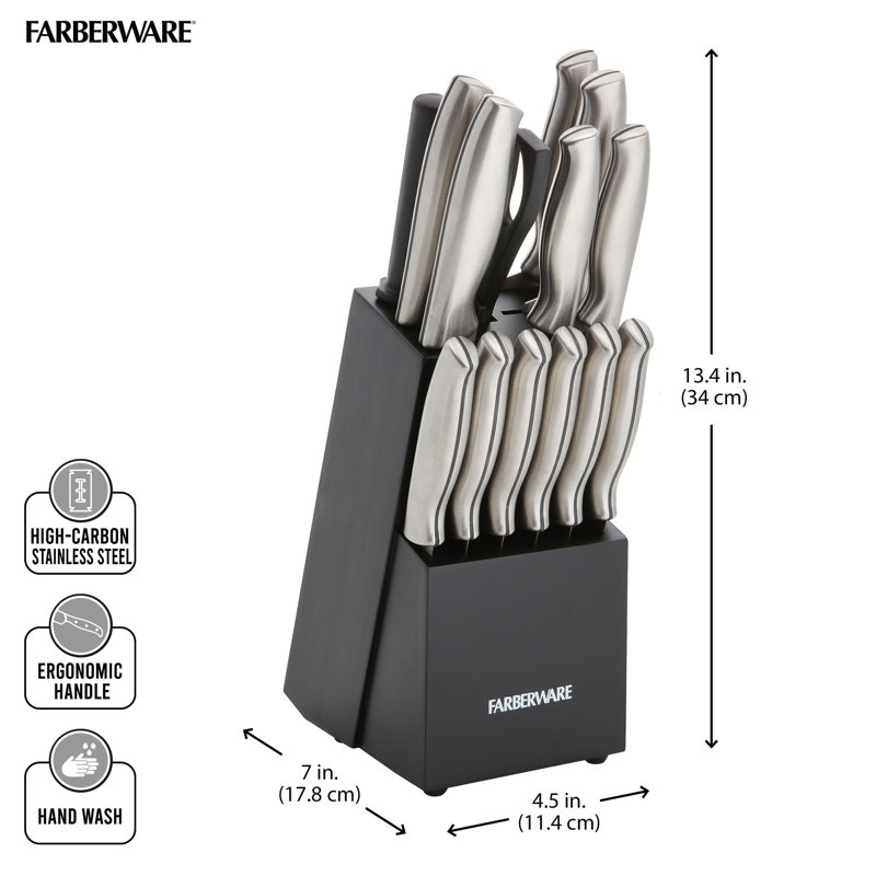 Farberware 15-Piece High Carbon Stainless Steel Knife Block Set, Black