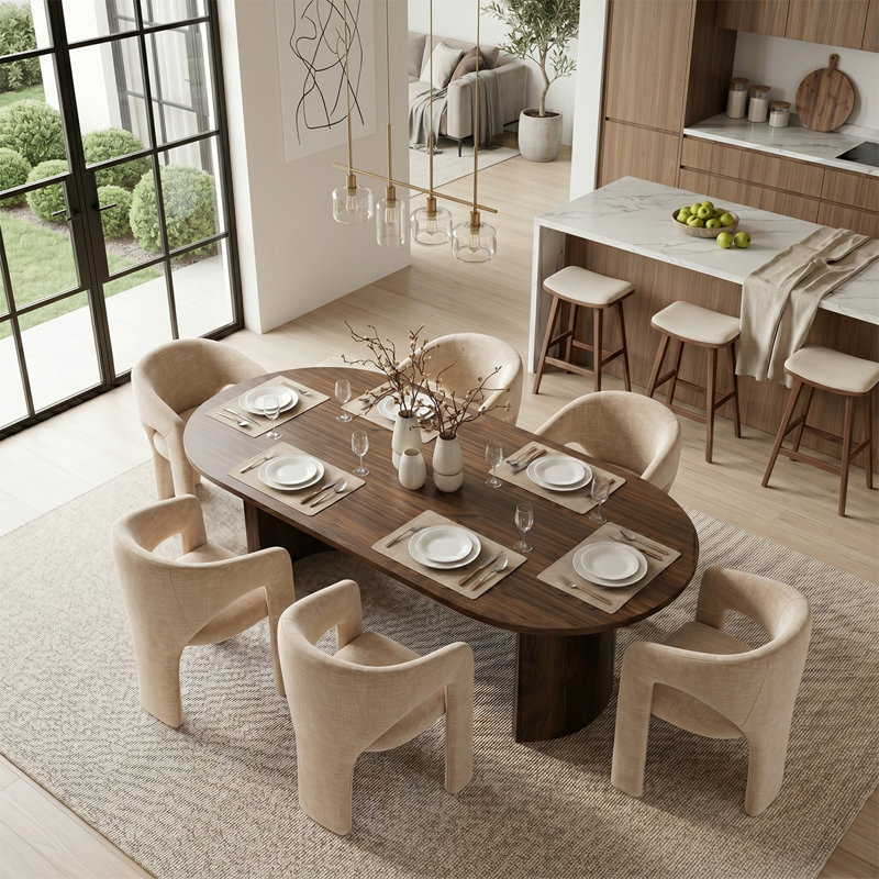 Ensemble de table de salle à manger 7 pièces pour 6 personnes avec accoudoirs en chenille, Gruau