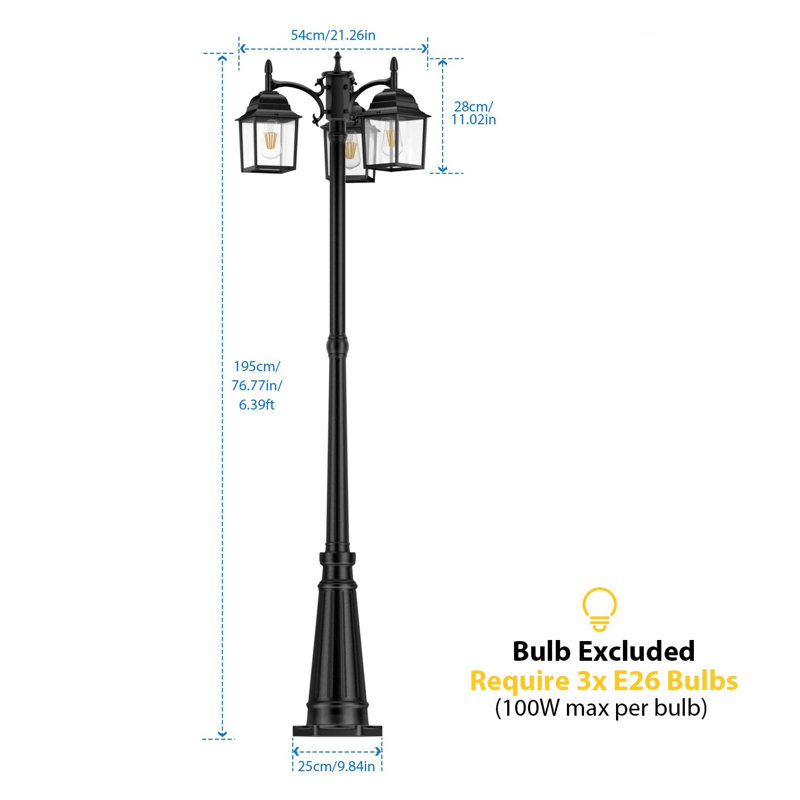 3-Head Outdoor Lamp Post Light With Dusk To Dawn Sensor