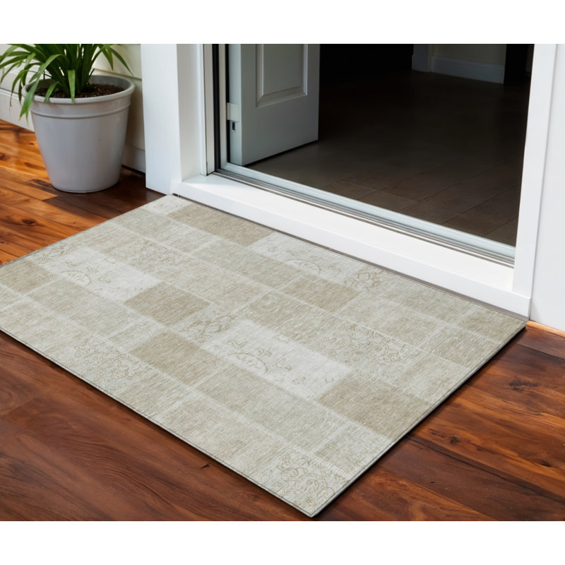 3' X 5' Taupe Beige And Tan Patchwork Washable Indoor Outdoor Area Rug