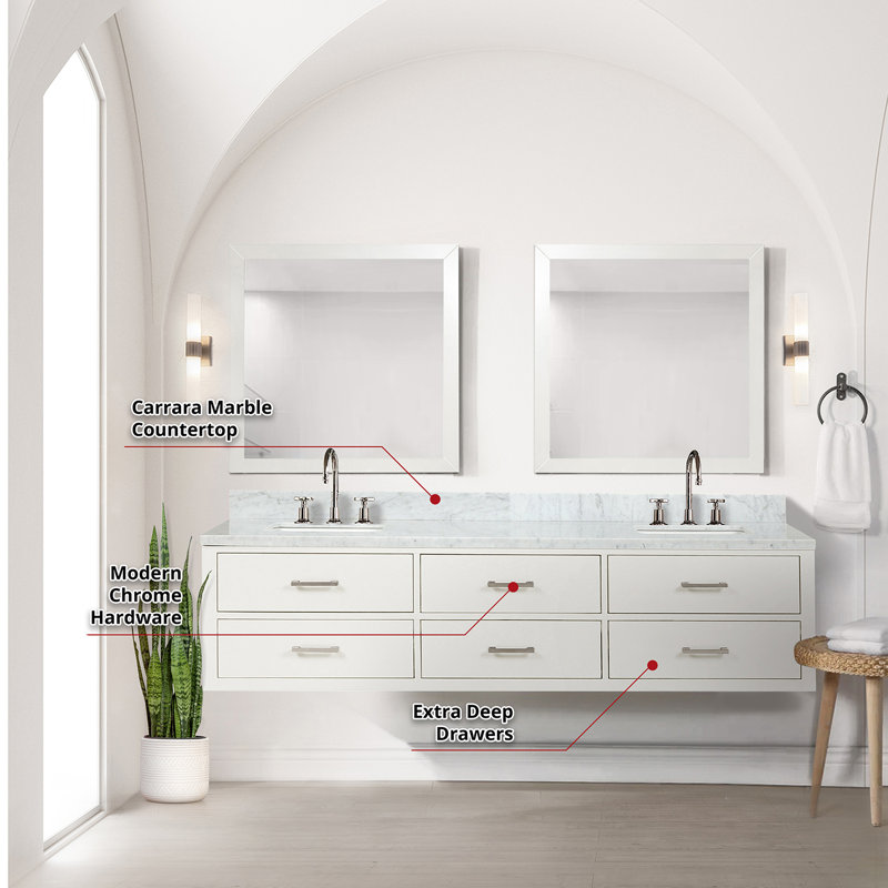 Meuble-lavabo double 80 po X P 22 po D, dessus en marbre de Carrare, ensemble de robinet et Miroirs, Bleu / Carrare