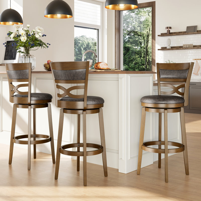 Tabouret de bar pivotant rembourré de 76 cm (30 po) avec cadre en bois massif et siège en similicuir pour la cuisine (ensemble de 2)