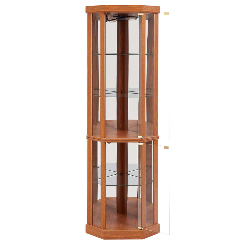 Lighted Corner Curio Cabinet - Elegant Glass Display Case For Living Room & Bar Storage,  For Collections & Wine With Built-In Lighting