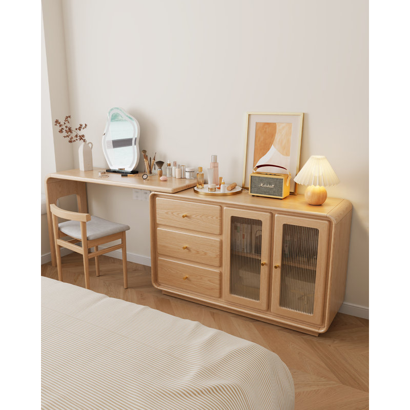 Bureau en L en bois massif avec armoire de rangement et coiffeuse