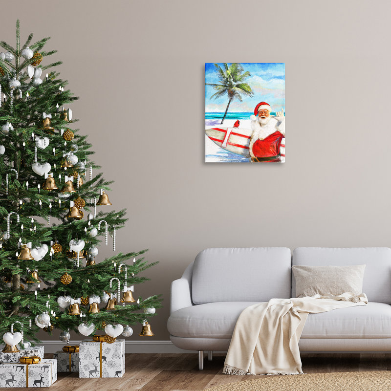 «Surfing Santa at Beach», art mural sur toile par Patrick Reid Obrien, H 30 po x l 24 po