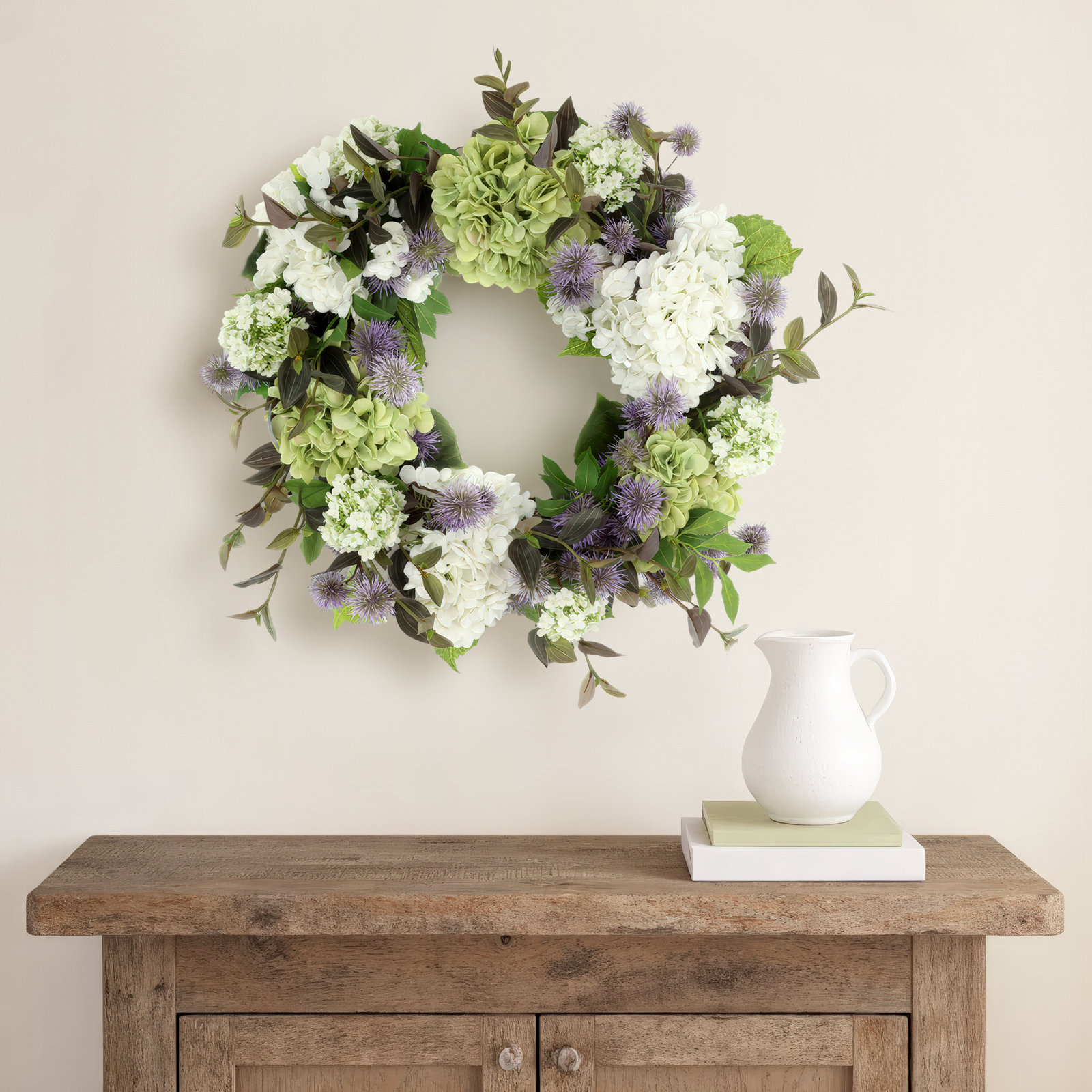 22" Grapevine Wreath with Hydrangeas and Thistle
