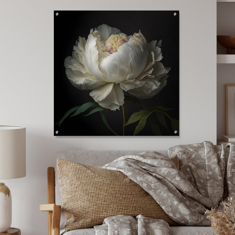 Blooming White Peony VI - Décoration murale en acrylique pivoine, H 36 po x l 36 po