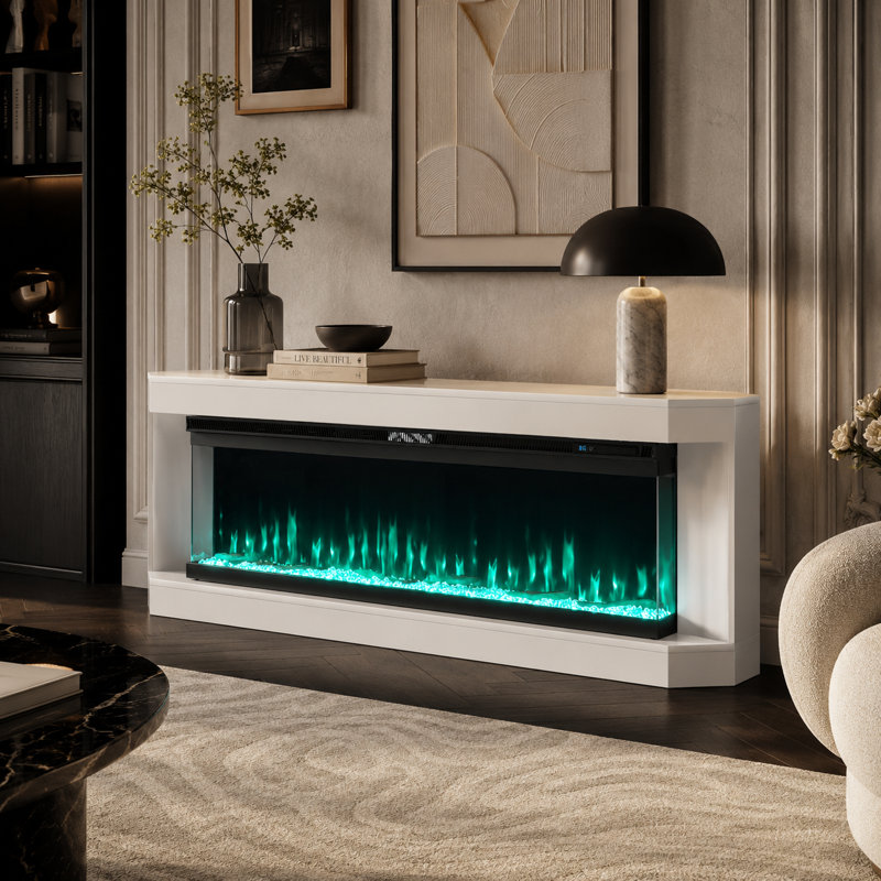 Console de cheminée blanche 72 po, support multimédia moderne à tablette ouverte (foyer électrique vendu séparément)