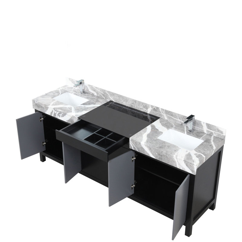 Ensemble de meuble-lavabo double noir et gris l 80 po x P 22 po, comptoir en marbre gris château et robinet chromé, 80" W
