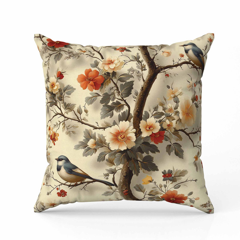 Coussin en suède deux oiseaux et fleurs, Beige, Carré 26 po
