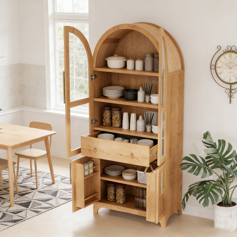 71" Tall Farmhouse Pantry Cabinet With Open/Adjustable Shelves, Glass Door & Hidden Drawer, Natural
