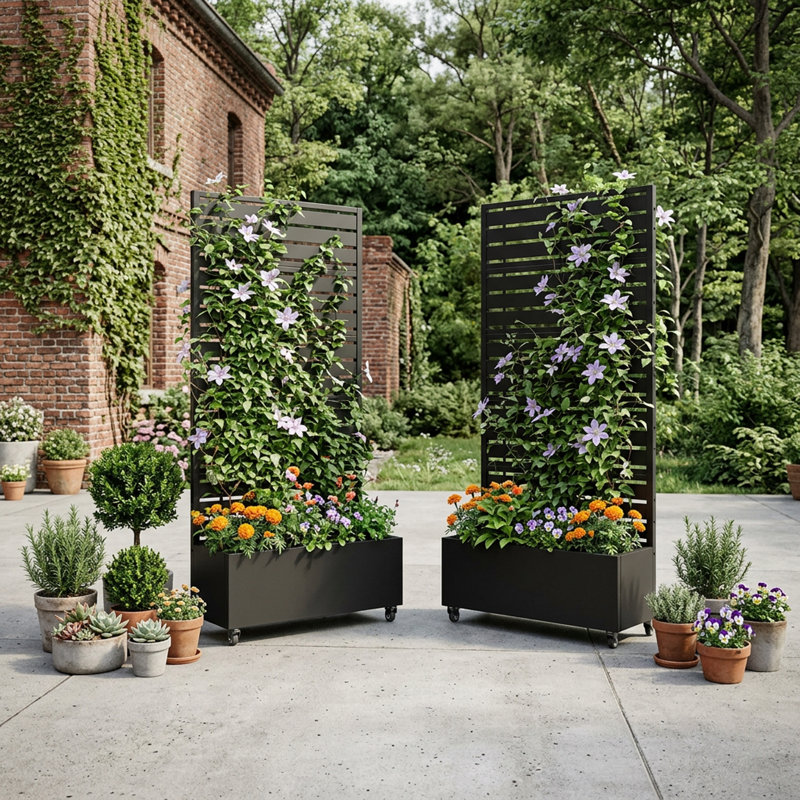 Boîte à fleurs en métal avec treillis et roues, 72" H x 35" W x 16" D, Noir