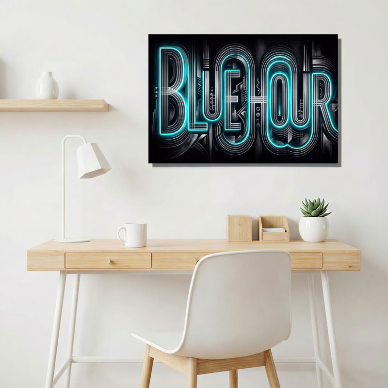 «Blue Hour», art au néon avec lignes lumineuses cyan sur toile noire, H 36 po x l 48 po