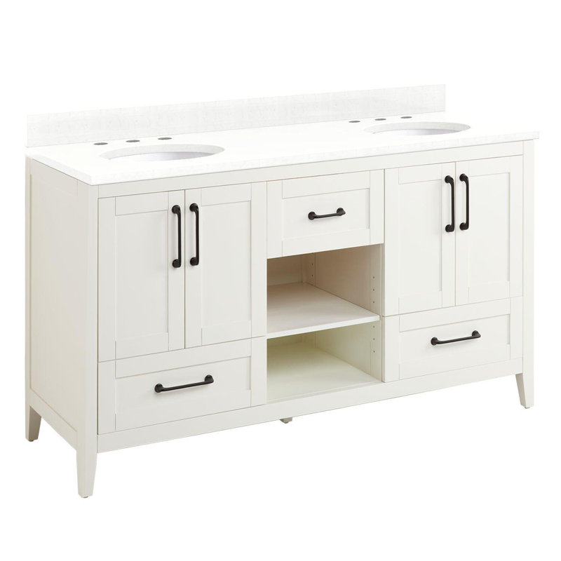 Ensemble de meuble-lavabo double 60 "avec lavabos ovales encastrés Burfield, Quartz blanc plume, Bambou naturel, 8 po