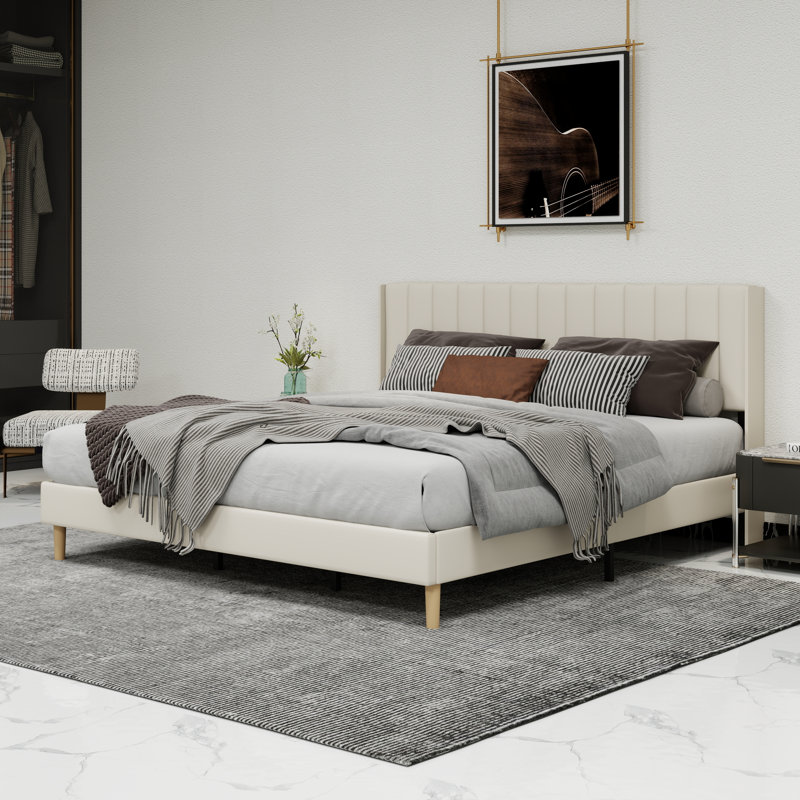 Lit plateforme tapissier avec tête de lit, Beige, Très grand