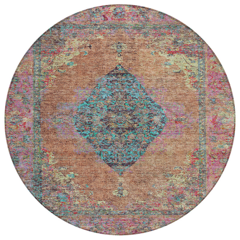 Machine Washable Indoor/Outdoor Xhevrie Orange Rug, Round 8'