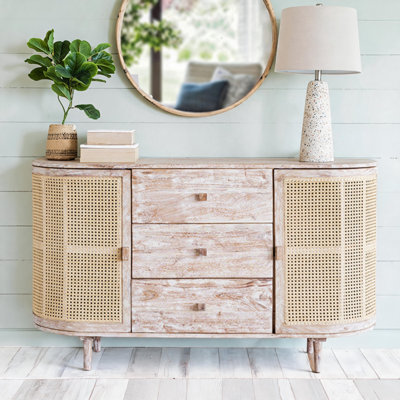Sand Blast White Acacia Wood and Cane 3-Drawer TV Console with Curved Storage Doors