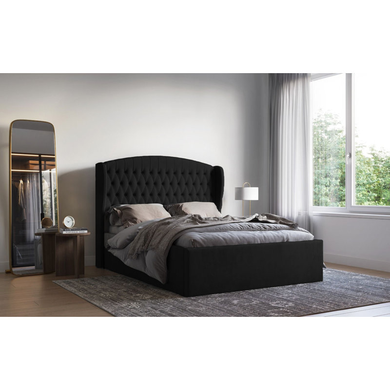 Medau Velvet Upholstered Bed Frame - Padded Headboard, Chrome Feet, Black, Kingsize (5')