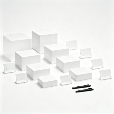8 risers en acrylique avec mini enseignes