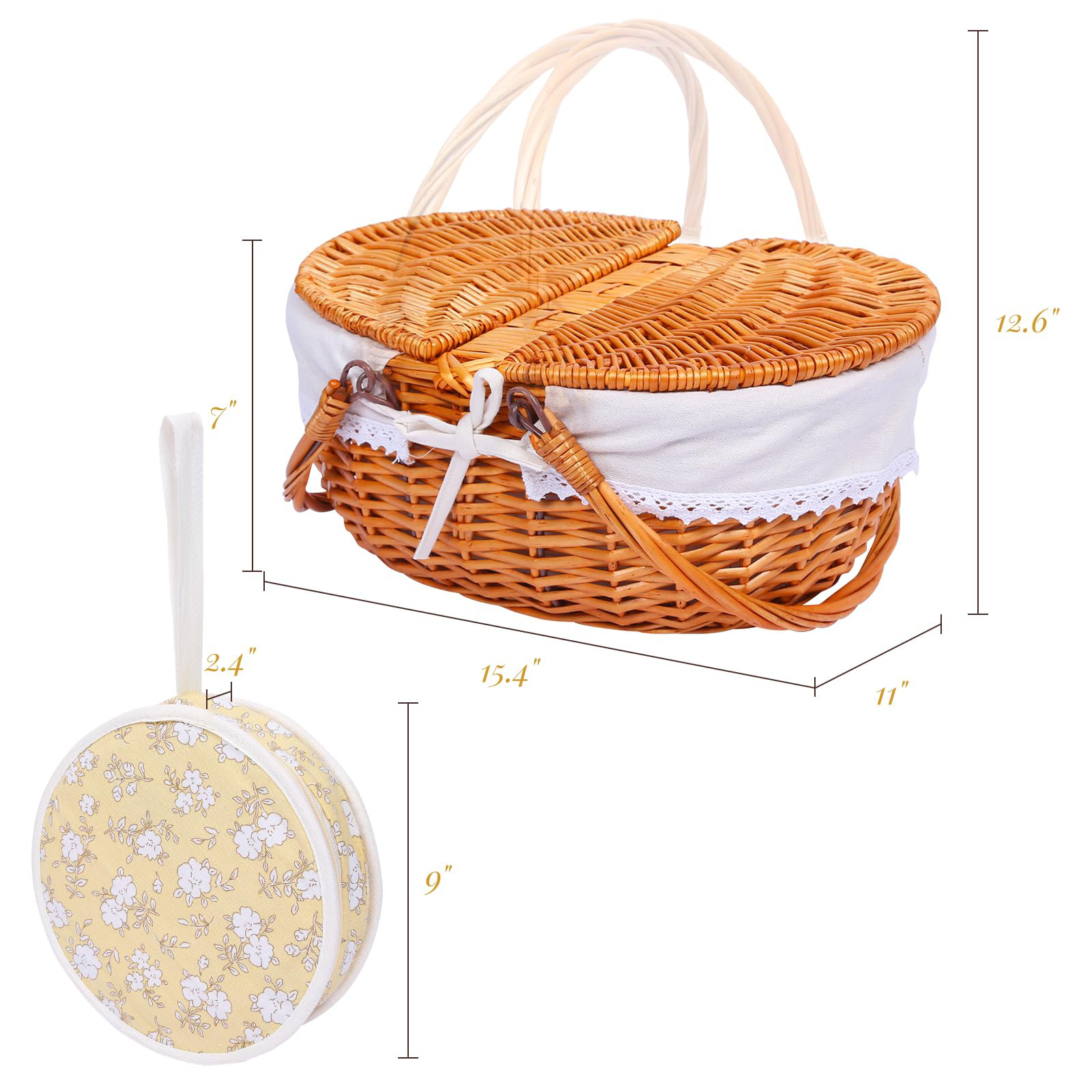 One Allium Way Wicker Picnic Basket Set For 2 With Lid And Handle ...