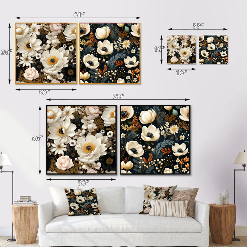 Savoy - Ensemble de 2 collages floraux carrés, H 30 po x l 61 po, Cadre flottant noir