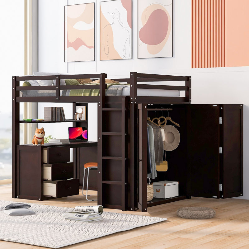 Lit mezzanine avec tiroirs, bureau et garde-robe, Espresso