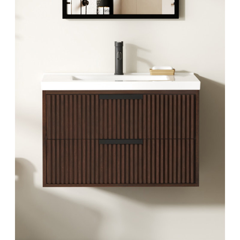 Meuble-lavabo flottant avec lavabo simple blanc Maxbano, Noyer foncé, Noir