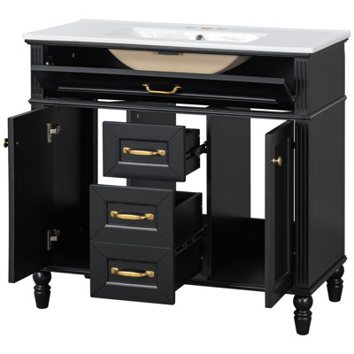 Meuble-lavabo noir de 91 cm (36 po) avec lavabo en céramique, armoire en bois massif et MDF avec poignées dorées